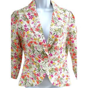 LiNeN Vintage Y2K Floral Blazer Notched Lapel Ruched Sleeve Cuff Single Button